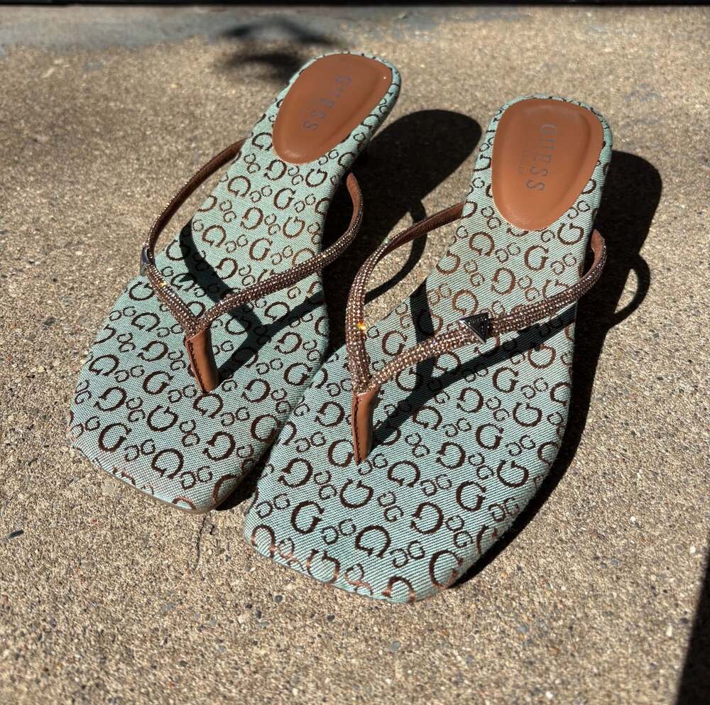 GUESS Mikayli Rhinestone Thong Kitten Heel Sandals